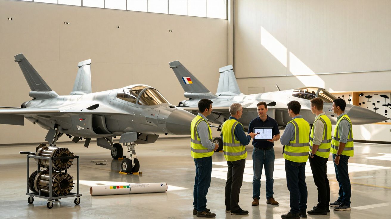 Seis pessoas com coletes refletores discutem perto de dois caças em hangar iluminado.