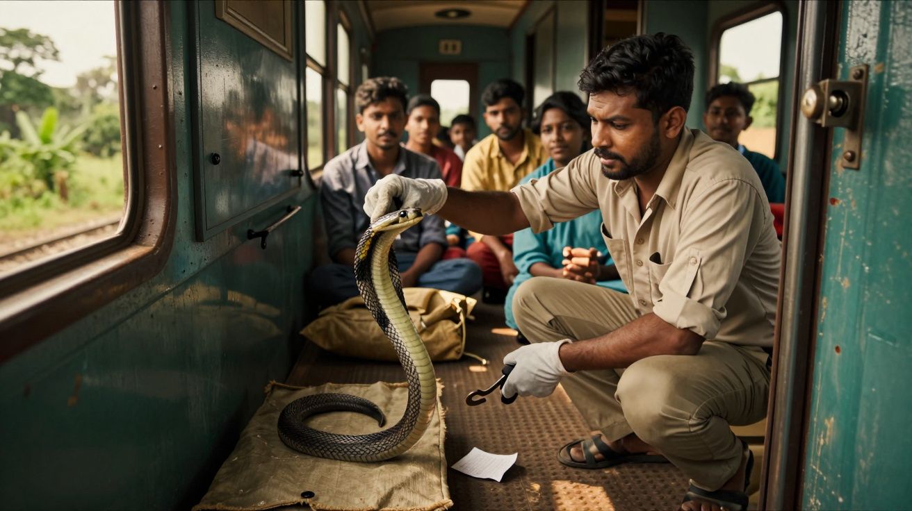 Homem em carruagem de comboio manuseando cobra enquanto grupo de pessoas observa atentamente.