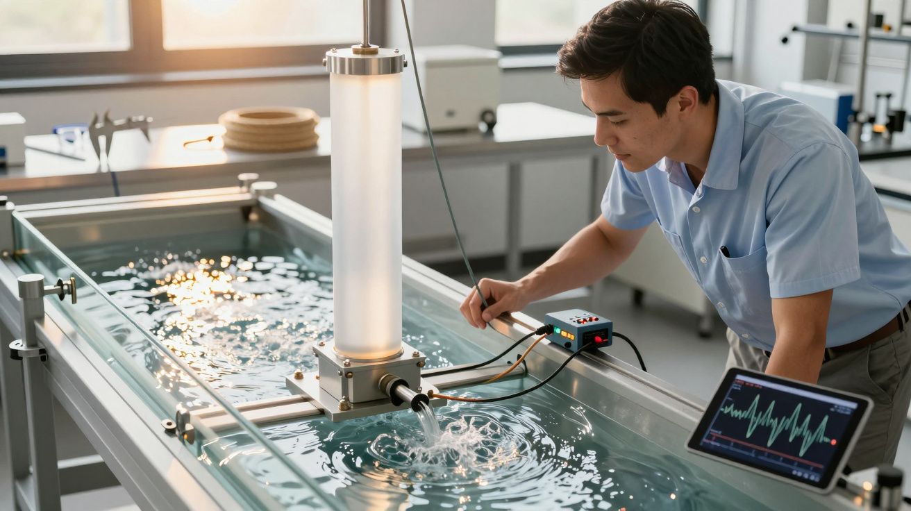 Homem num laboratório a realizar experiência em tanque de água com sensores e ecrã mostrando gráficos.