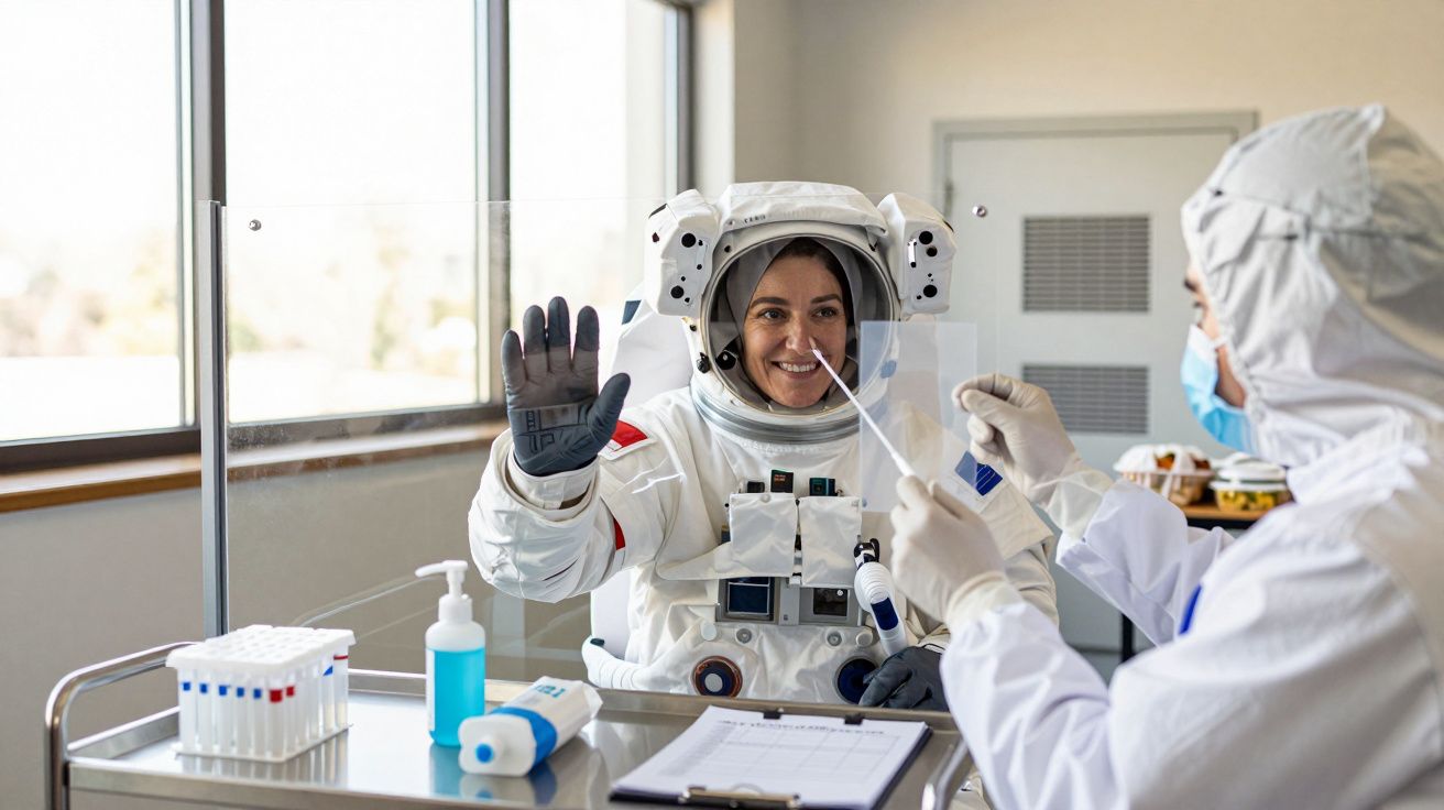 Astronauta sorridente em fato espacial acena através de vidro para técnico em fato protetor numa sala iluminada.