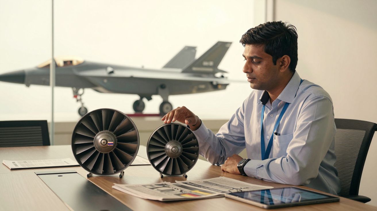 Homem sentado numa mesa com maquetes de turbinas e um modelo de caça no fundo.
