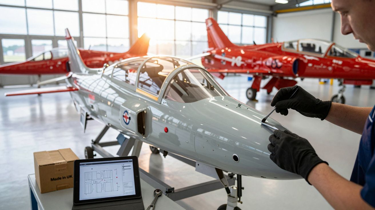 Técnico ajusta um modelo de avião numa oficina, com aviões vermelhos ao fundo e um portátil aberto com planos técnicos.