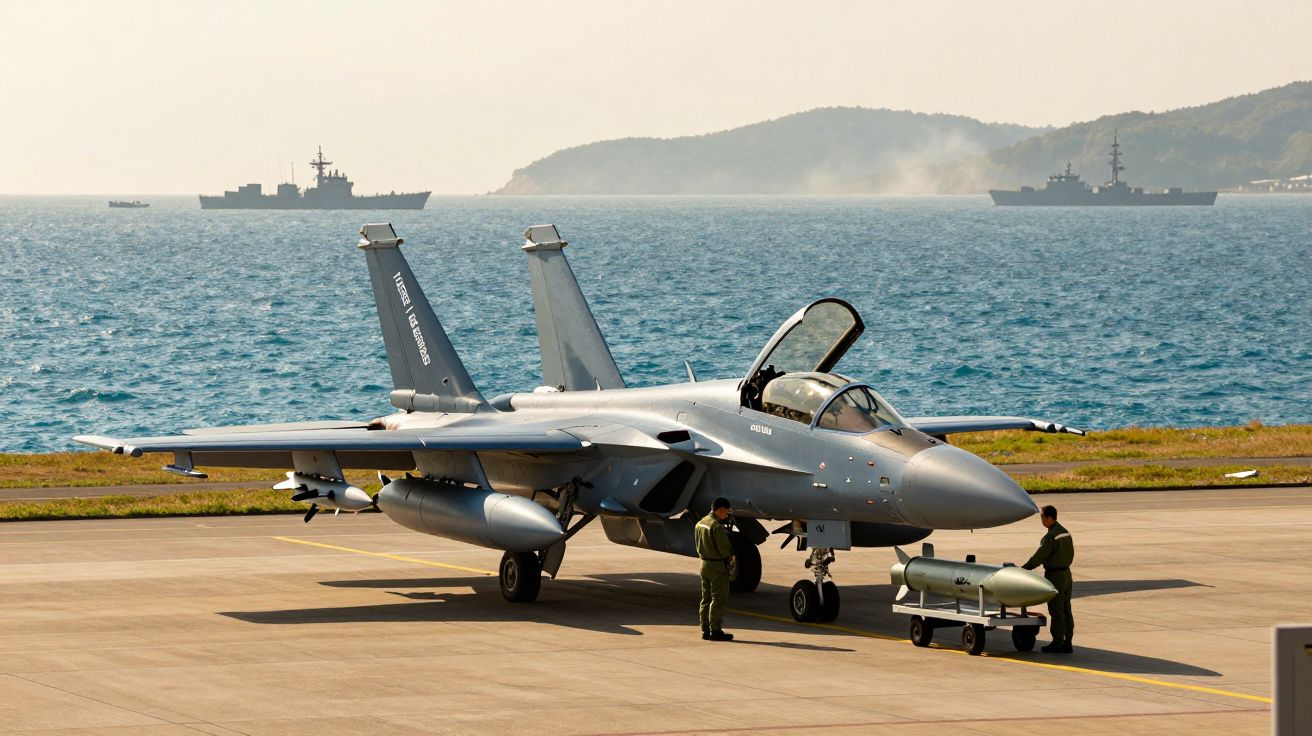 Jato militar na pista com dois soldados ao lado. No fundo, mar e navios de guerra.