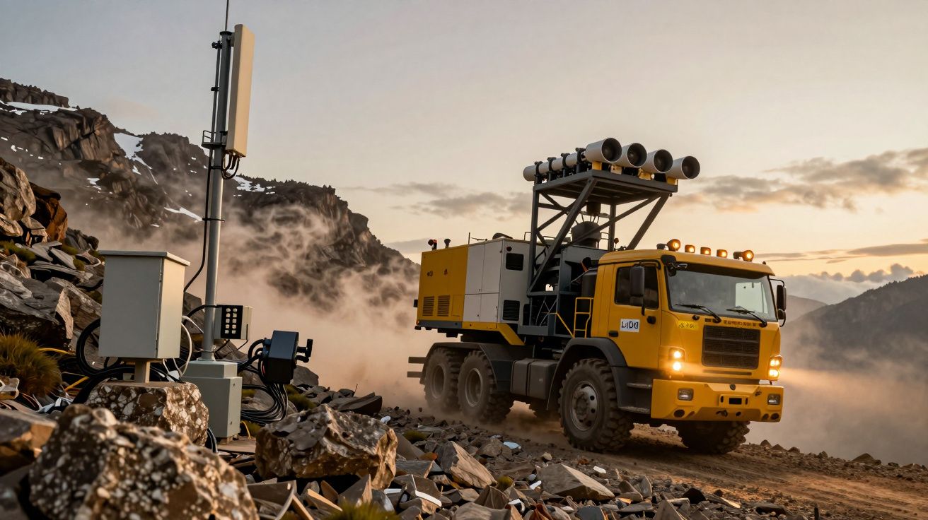 Camião amarelo robusto num terreno rochoso montanhoso ao amanhecer, com equipamento de comunicação no fundo.