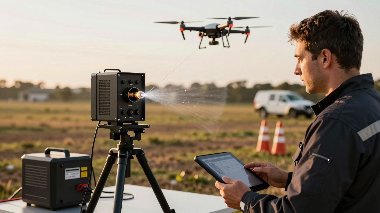 Homem operando tablet ao lado de equipamento com feixe de luz, enquanto um drone voa no campo ao fundo.