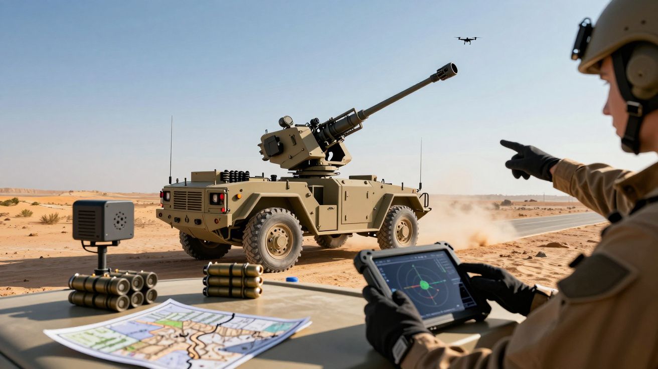 Veículo militar em deserto, controlado remotamente por soldado com tablet, com drone a sobrevoar.