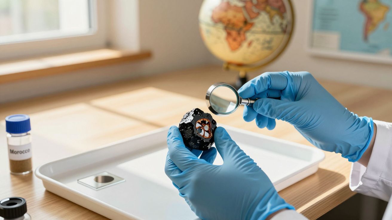 Mãos com luvas seguram lupa e rock, com globo e frasco ao fundo, numa mesa iluminada por luz natural.