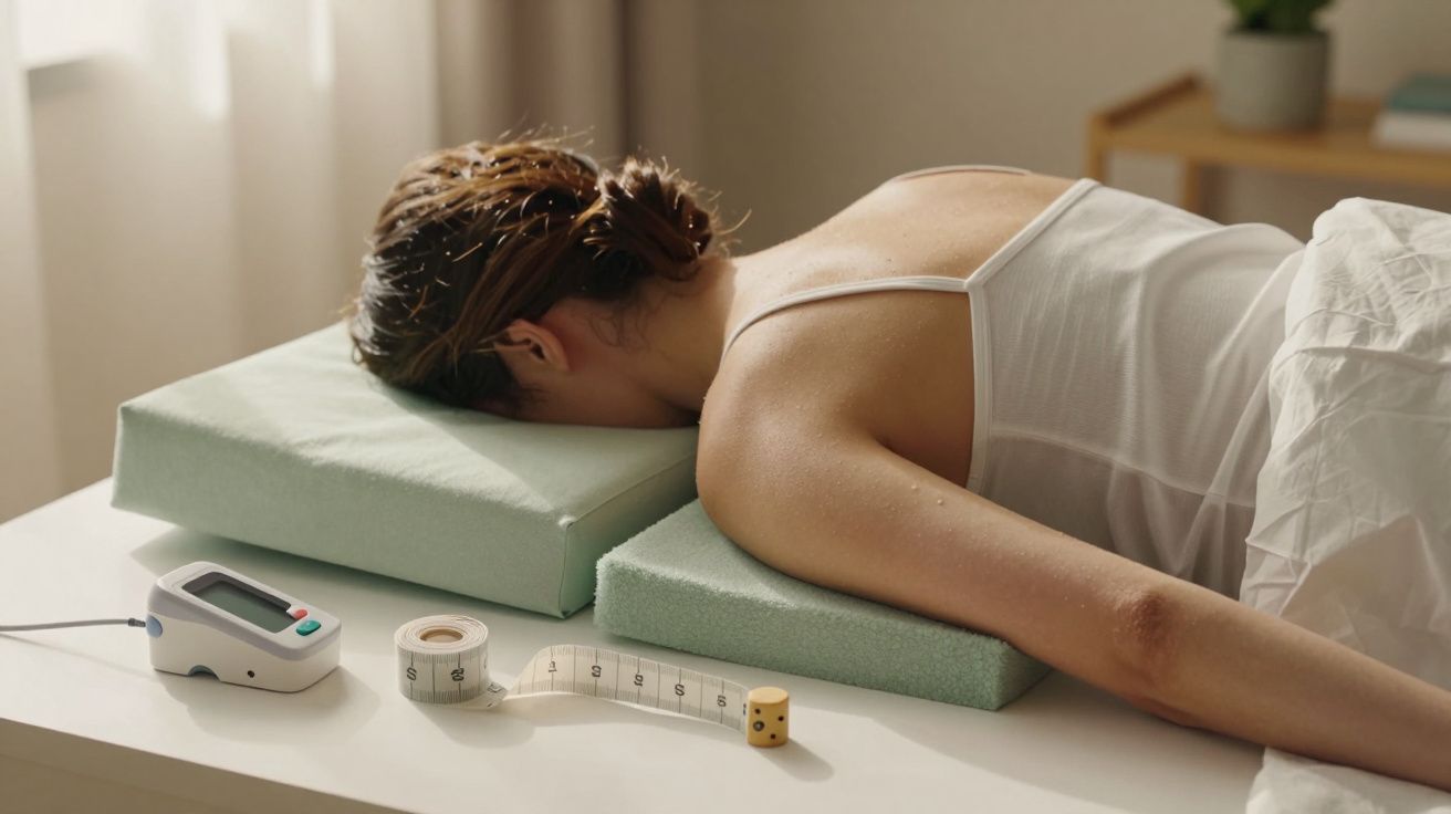 Mulher deitada de bruços em almofadas verdes, com medidor de pressão, fita métrica e dados na mesa ao lado.