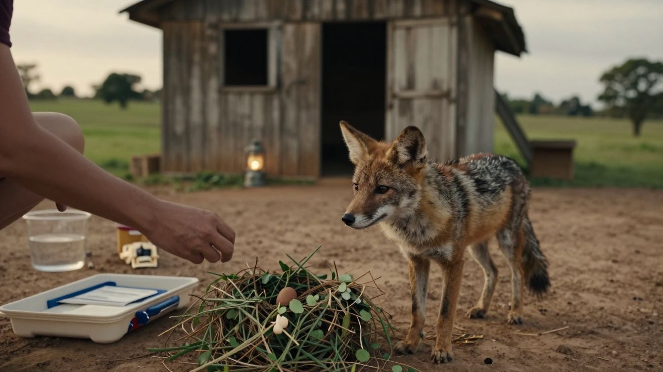 Raposa observa enquanto uma pessoa prepara um ninho de galhos com um ovo ao ar livre, perto de um celeiro.