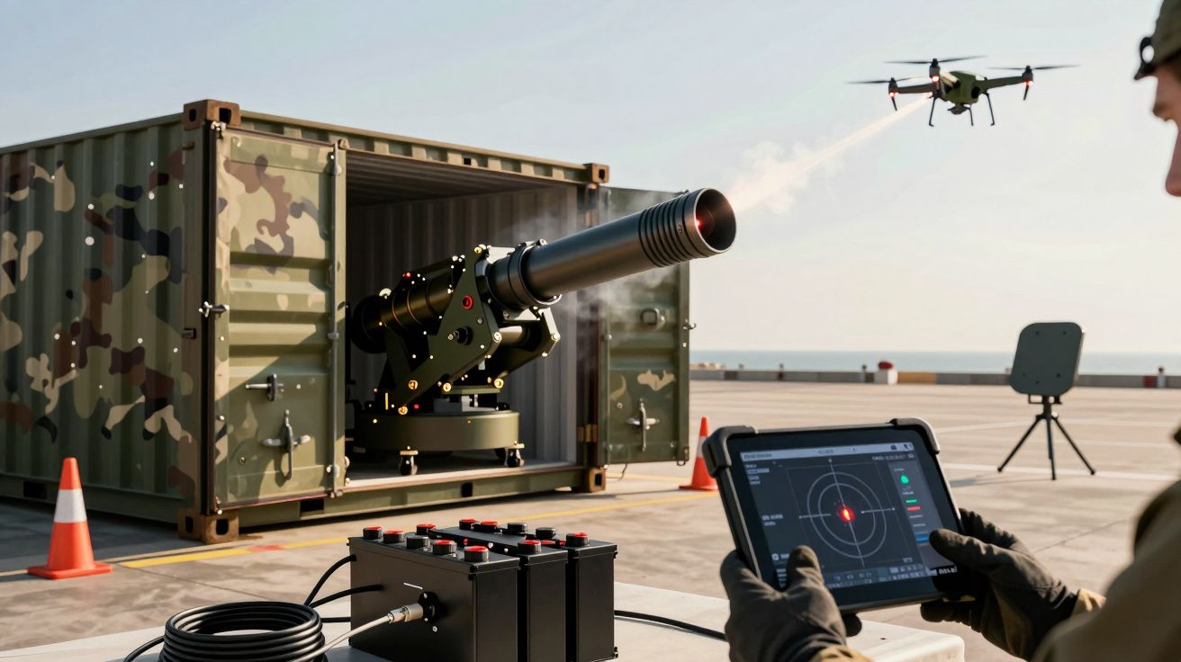 Militar segura tablet controlando drone e canhão de defesa instalado em contentor com padrão camuflado.