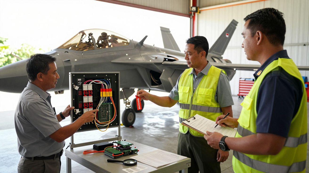Três homens com coletes a trabalhar num hangar em frente a um caça, discutindo circuitos de um painel elétrico.