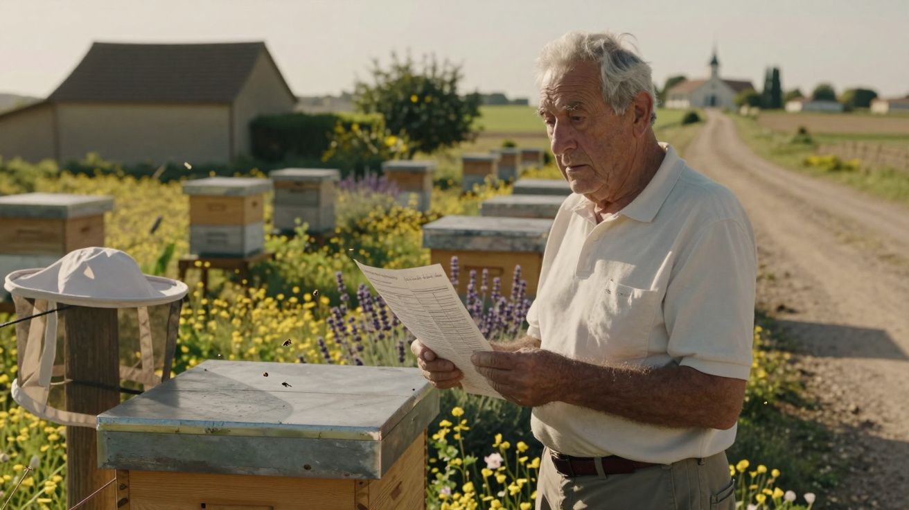 Homem idoso ao ar livre em campo florido com colmeias, segurando papel, ao lado de estrada rural.