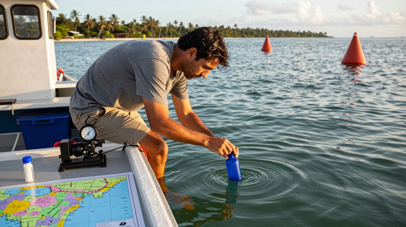 Homem coleta água do mar de um barco, mapa e equipamento científico visíveis.