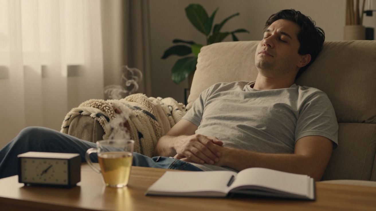 Homem a descansar no sofá com chá fumegante, livro aberto e relógio sobre a mesa. Cortina e planta ao fundo.