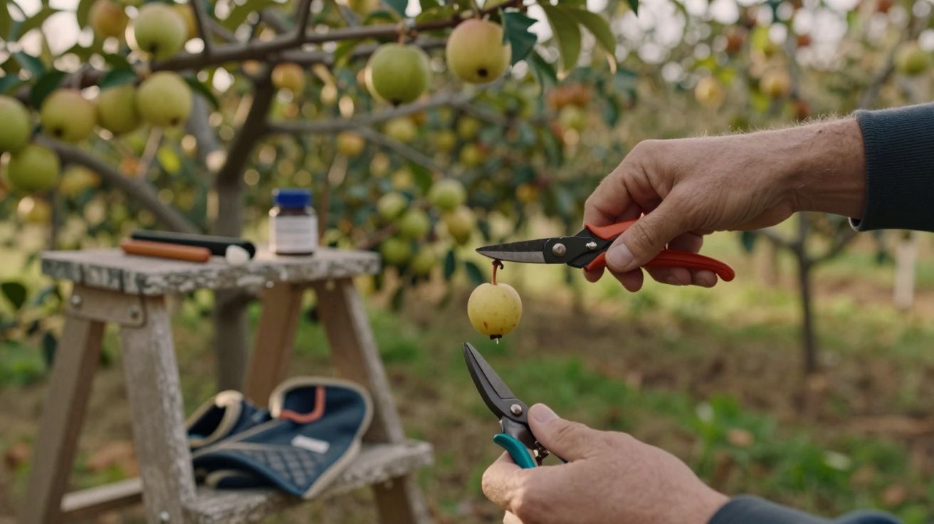 Pessoa a podar maçãs numa árvore com tesouras de poda, escadote ao fundo.