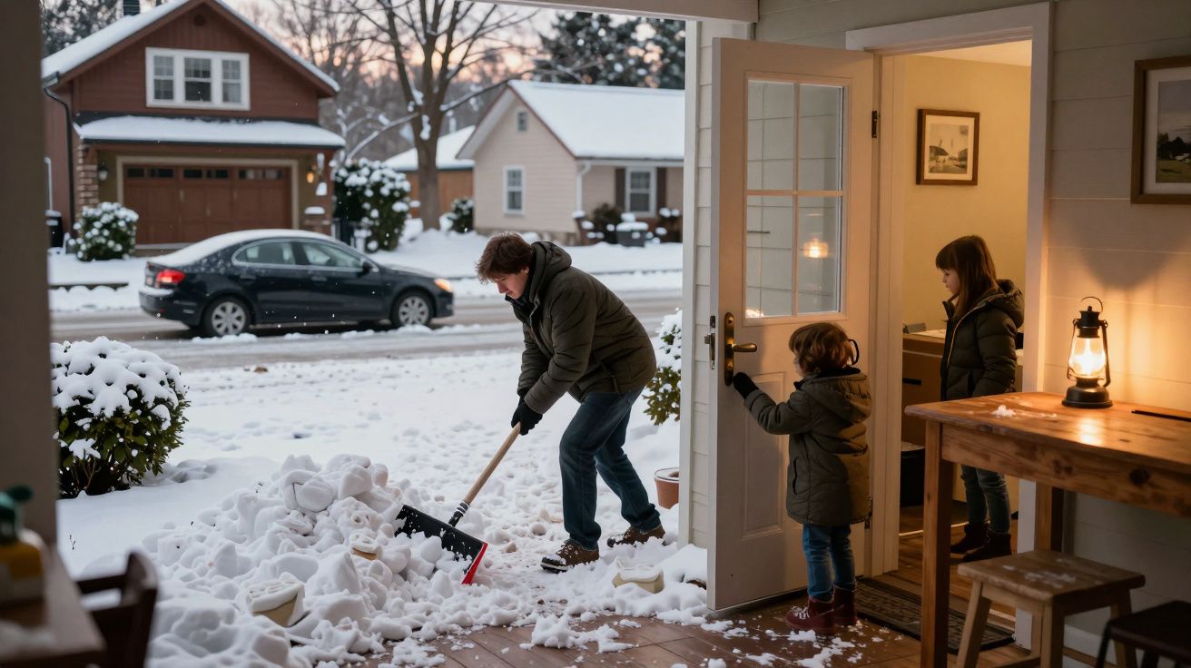 Pessoa a limpar neve à porta enquanto duas crianças observam, num bairro residencial coberto de neve.