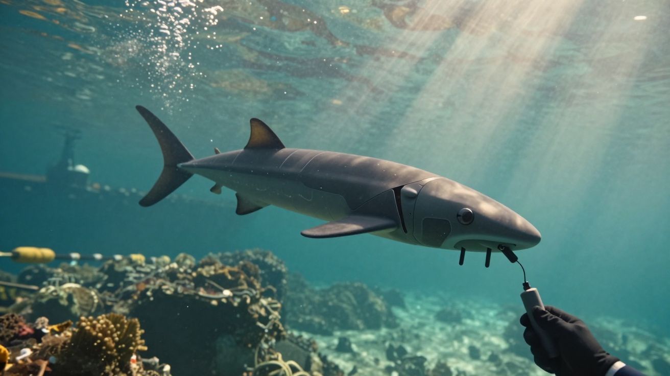 Robô submarino em forma de tubarão sendo controlado por um operador perto de um recife de coral.