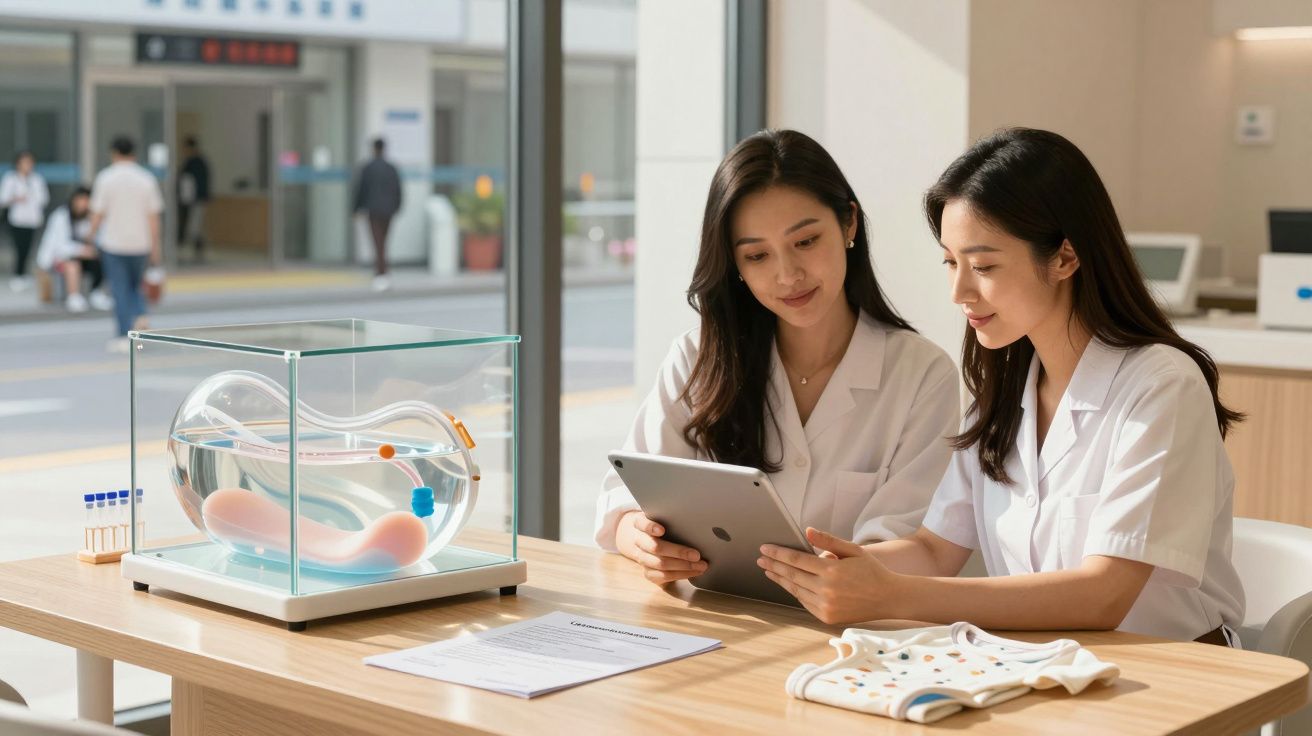 Duas mulheres de bata branca analisam informações num tablet ao lado de um modelo anatómico numa sala iluminada.