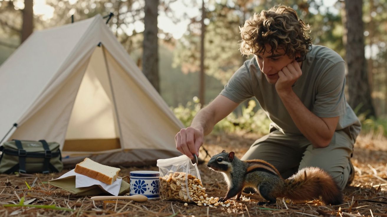 Homem alimenta esquilo com amendoins junto a tenda de campismo na floresta.
