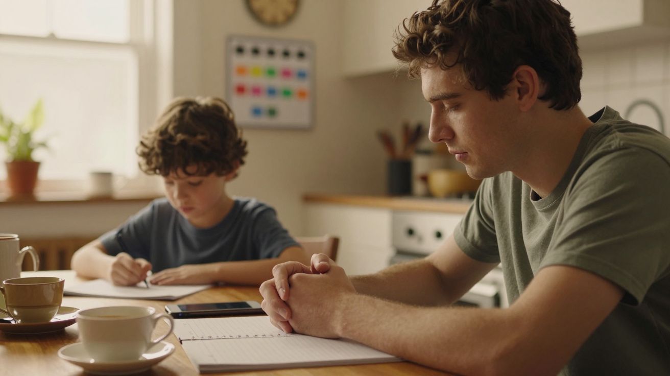 Homem e criança concentram-se em tarefas numa mesa de cozinha, rodeados por chávenas e um ambiente acolhedor.