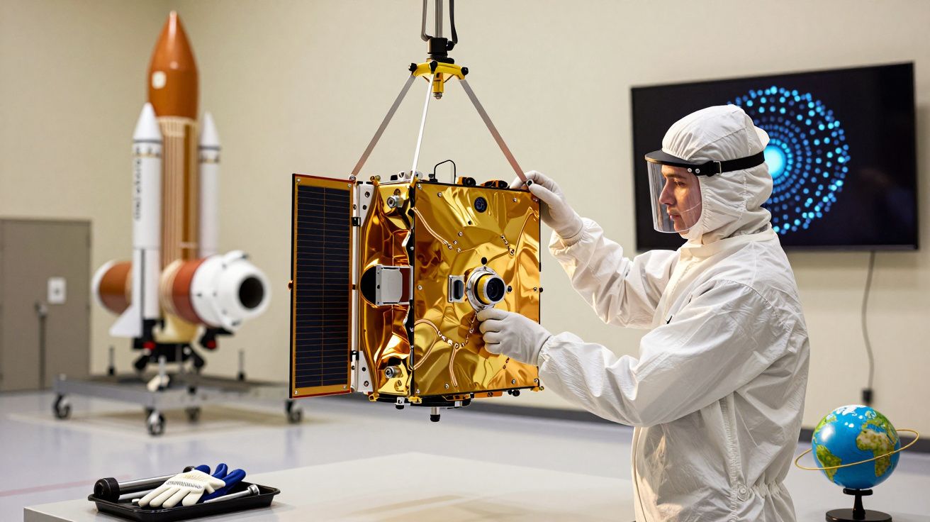 Técnico em fato especial manuseia satélite dourado em laboratório com modelo de foguete ao fundo.