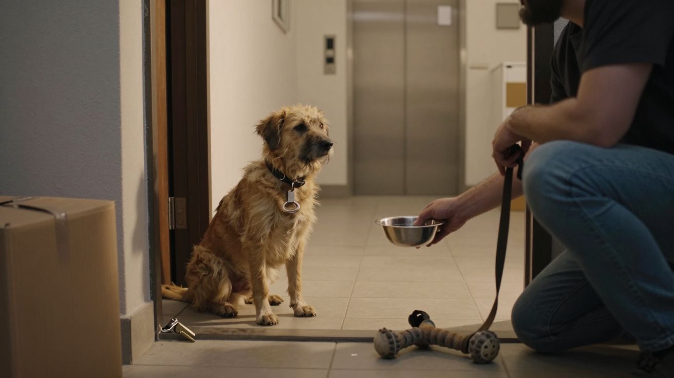 Homem ajoelhado com trela e tigela, oferecendo água a um cão sentado à beira de uma porta.