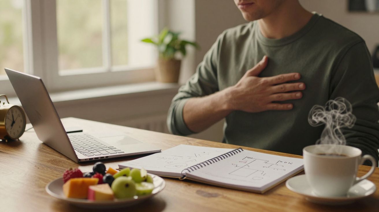 Homem sentado à mesa com portátil, caderno aberto, chávena de café fumegante e prato de frutas, mão no peito.