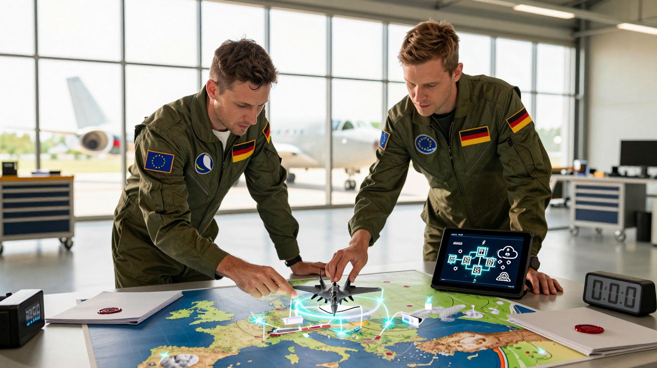 Dois homens em fardas militares analisam mapa com gráficos, num hangar com avião ao fundo.