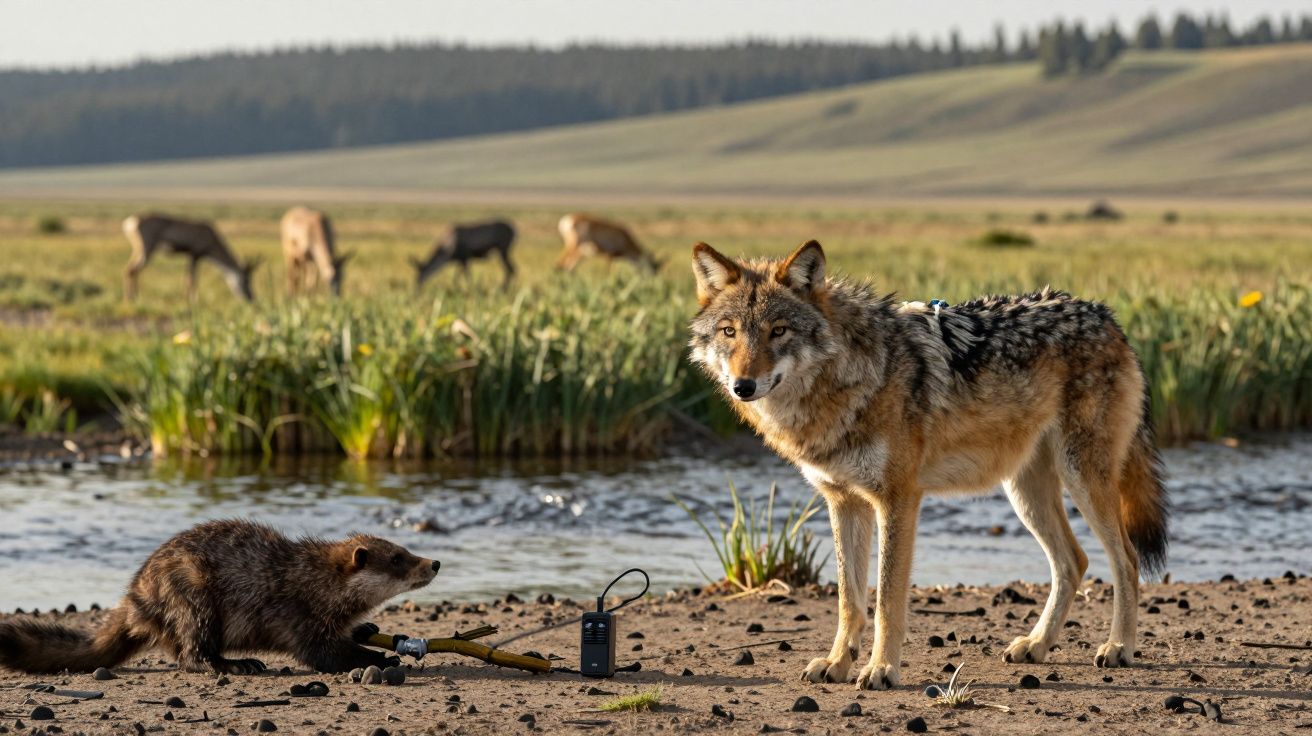 Lobo e texugo junto a riacho em paisagem de pradaria, com veados desfocados ao fundo.