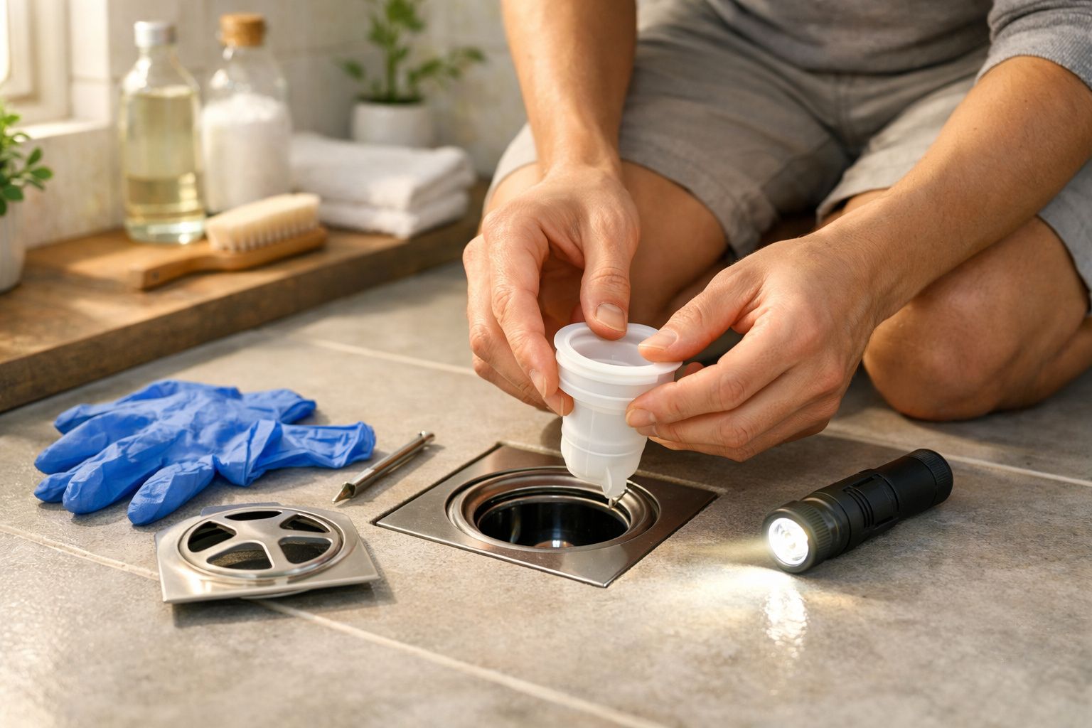 Pessoa instala um ralo de chão num WC. Ao lado, há luvas azuis, uma lanterna e ferramentas.