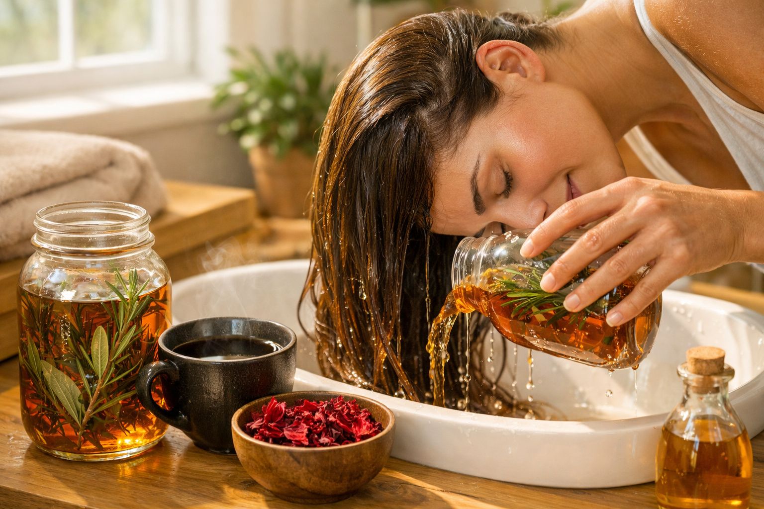Mulher lavando o cabelo com infusão de ervas naturais num lavatório, rodeada de frascos com líquido e flores secas.