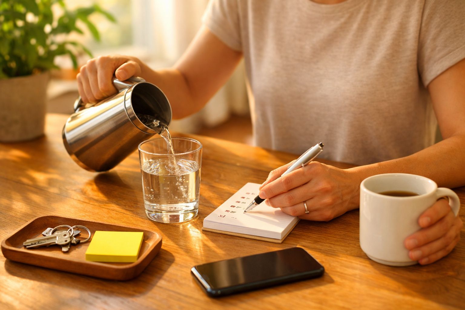 Pessoa serve água, escreve num bloco de notas e segura uma chávena de café numa mesa com plantas, chaves e telemóvel.