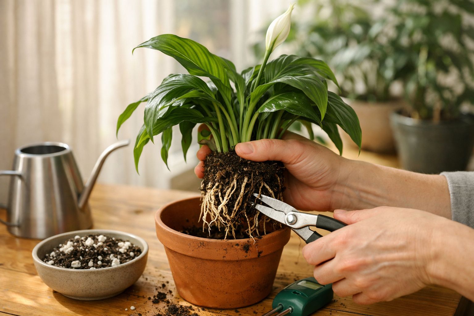 Pessoa a transplantar planta verde com raízes, terra e perlita, numa bandeja, com ferramentas e regador ao lado.
