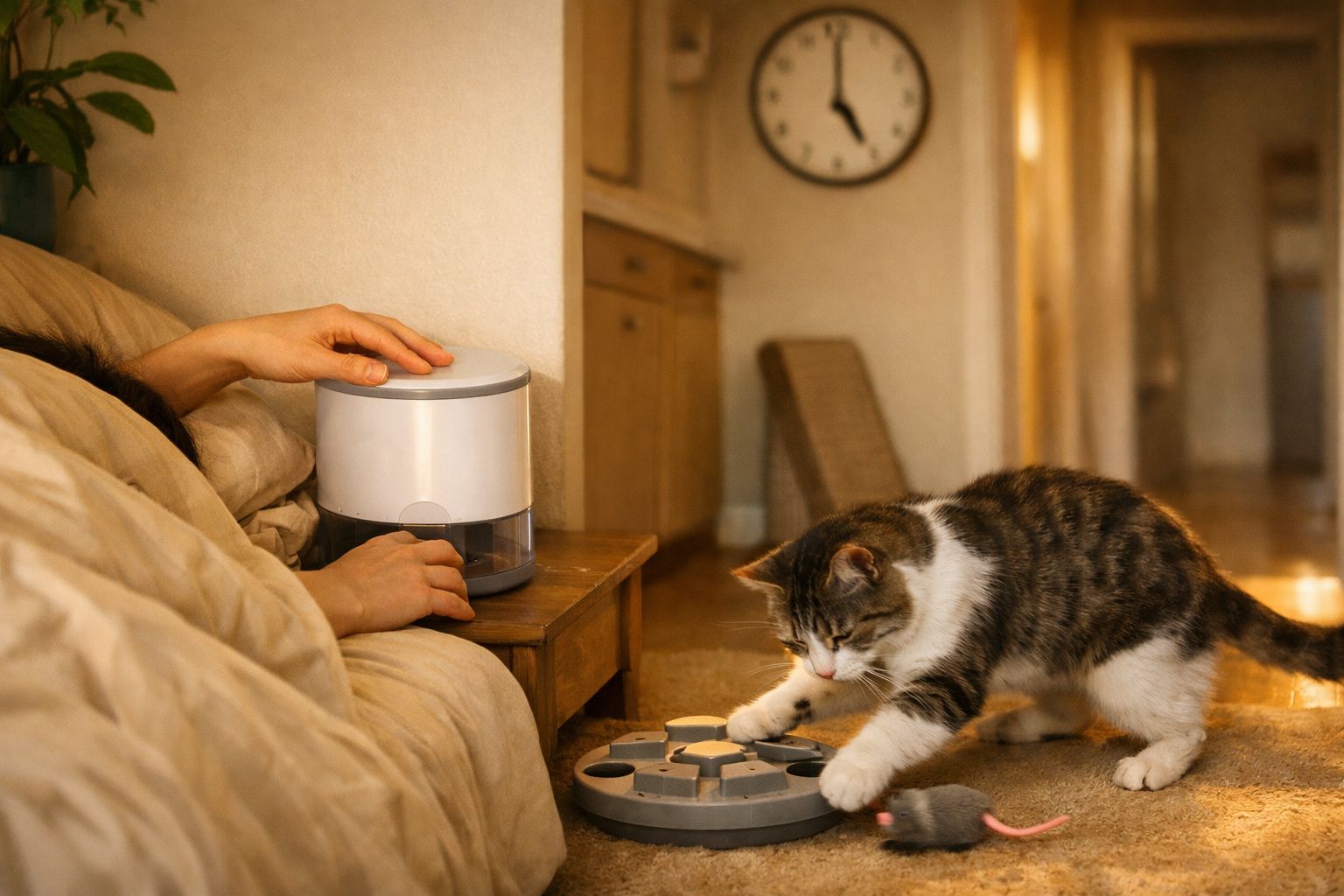 Pessoa a carregar no dispensador automático de ração, com um gato peludo a observar em cima de uma bancada.
