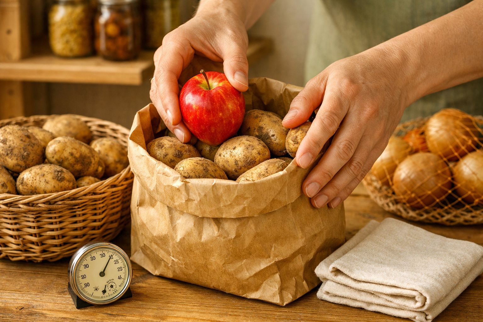 Mãos colocando uma maçã vermelha num saco de papel com batatas, ao lado de cebolas e termómetro sobre a mesa.
