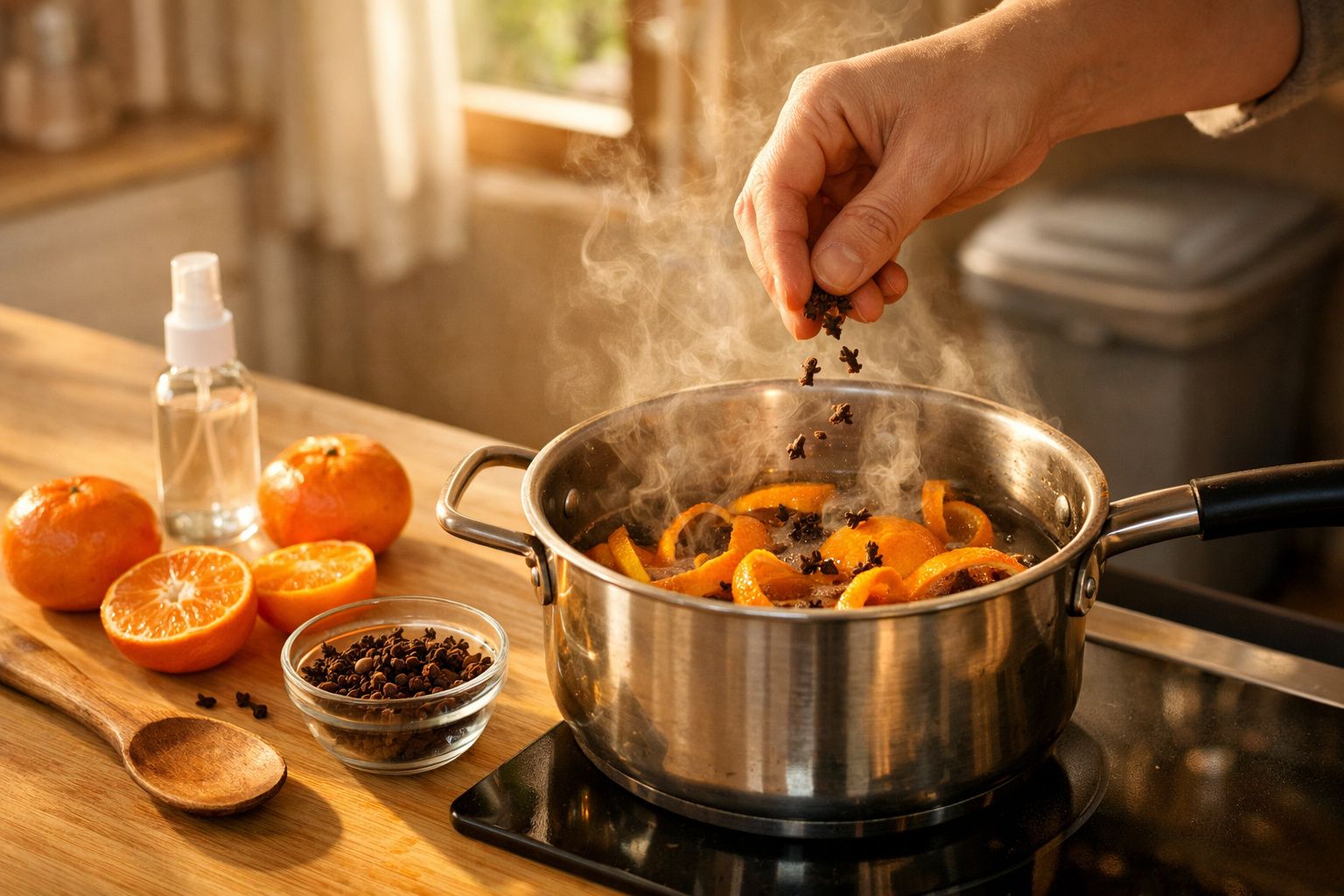 Mãos adicionam cascas de laranja e cravinhos a uma panela fumegante sobre uma bancada com laranjas e cravinhos ao lado.