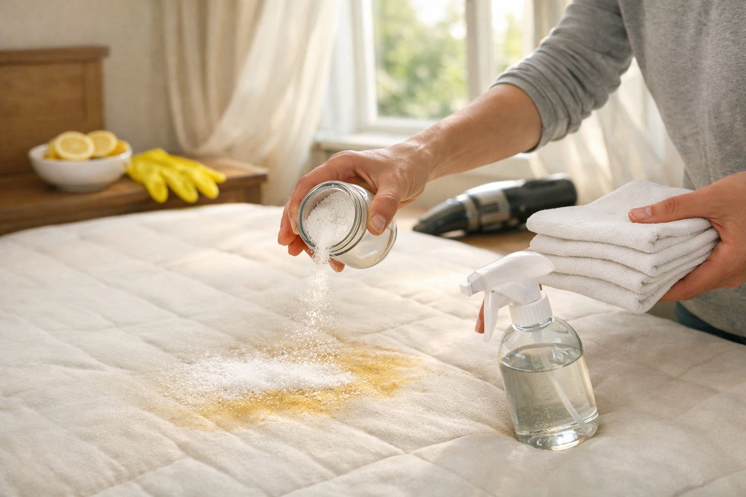 Mãos limpando colchão com toalha, spray e pó branco. Colchão tem uma mancha visível. Limões e luvas ao fundo.