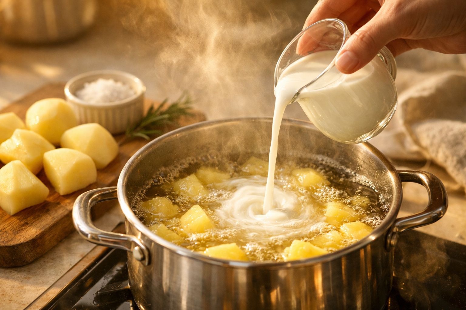 Mão a verter leite num tacho com batatas a ferver. Há batatas, alecrim e sal numa tábua ao lado.