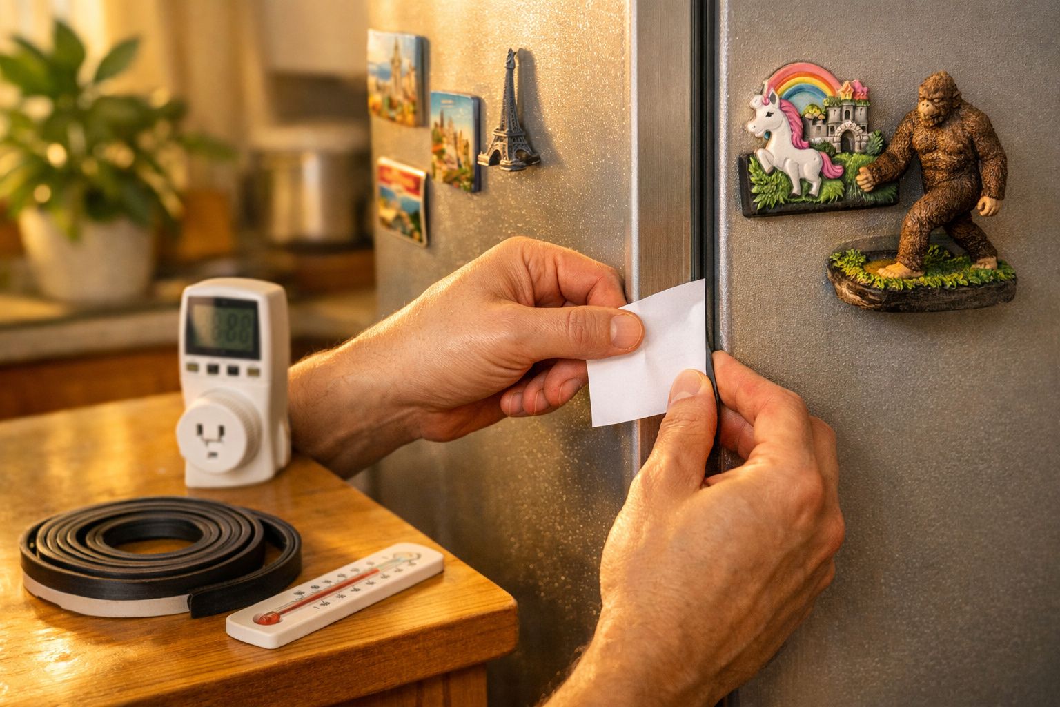 Mãos a colocar íman de monumentos num frigorífico inox; bloco de notas e aparelhos próximos.