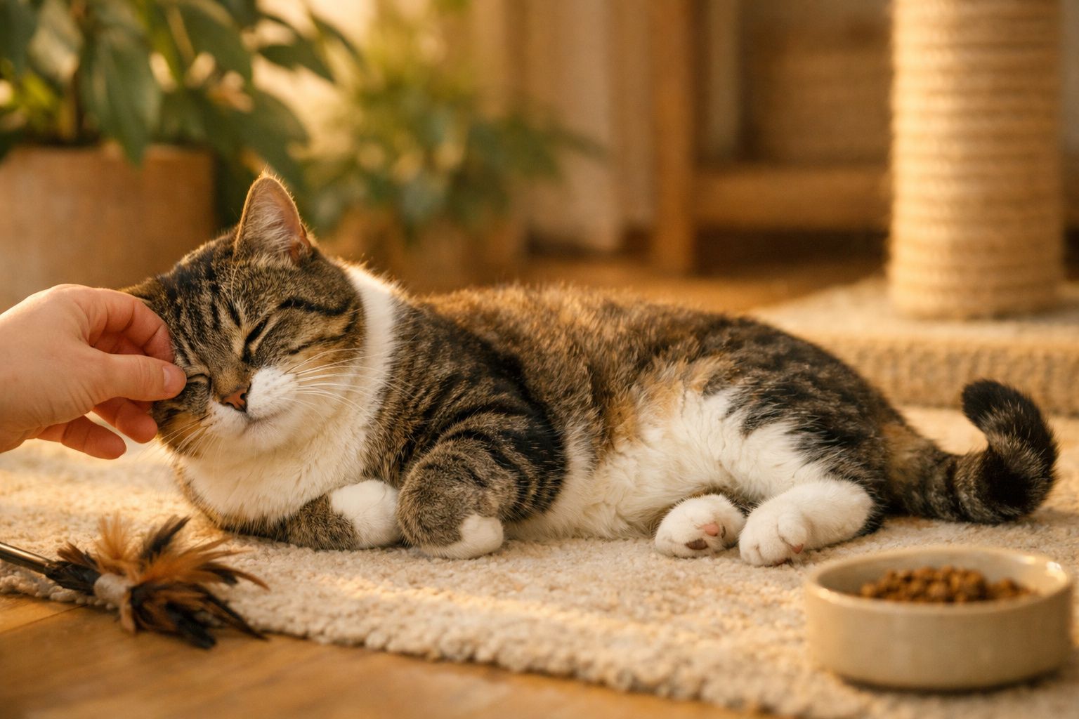 Gato deitado no tapete a receber festas na cabeça, em ambiente acolhedor com luz suave ao fundo.