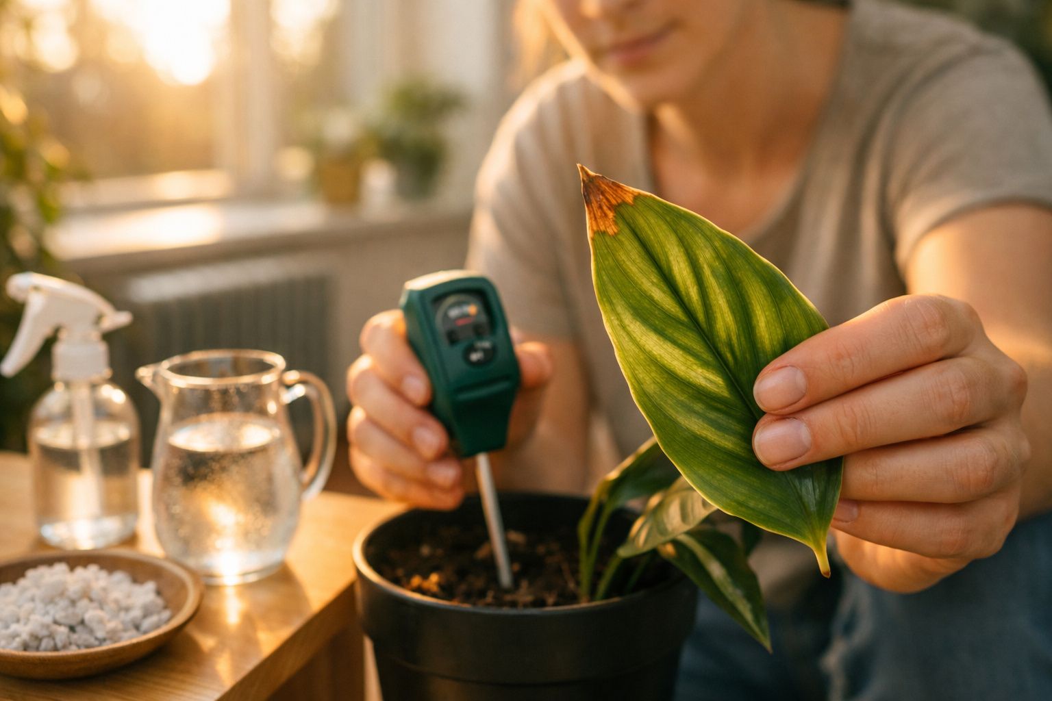 Mãos a podar uma folha de planta em vaso; ao fundo, medidor de solo, regador, fertilizantes e recipiente de vidro.